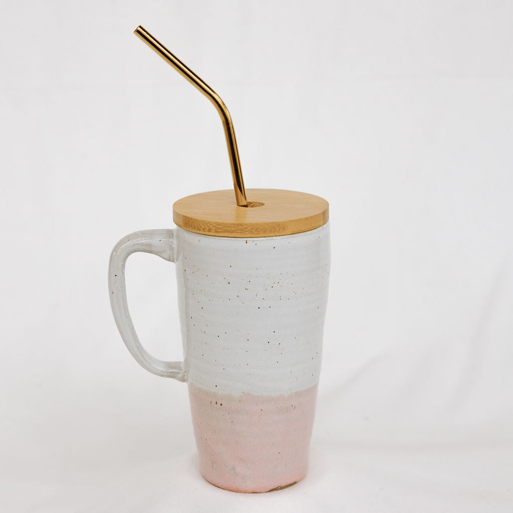 Lidded Pottery Mug in Pink Watercolour (Lid and Straw Included) 12 oz